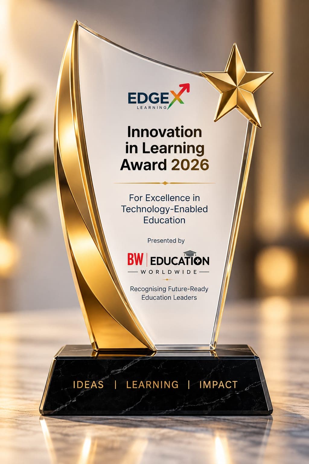 EdgeX Learning Innovation in Learning Award 2026 trophy presented by BW Education Worldwide
